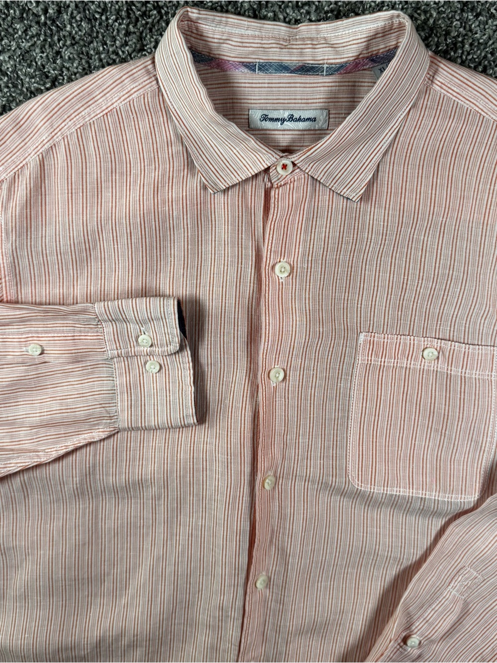 Tommy‎ Bahama Mens XL Linen Peach White Striped Long Sleeve Button Down Shirt